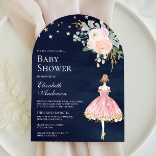 Roze Gouden Bloem Baljurk Navy Baby Shower Kaart