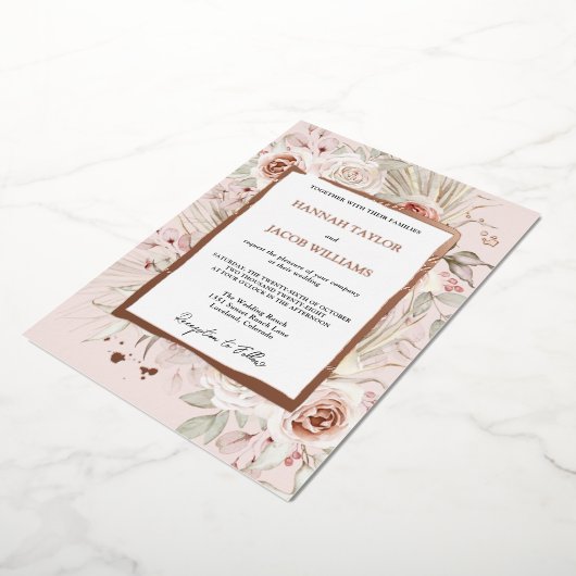 Roze Gouden Bloem Boho Bruiloft Folie Uitnodiging (Gedraaid)