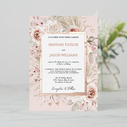 Roze Gouden Bloem Boho Bruiloft Folie Uitnodiging (Staand Voorkant)