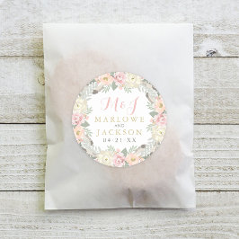Roze Gouden Bloem Boho Monogram Huwelijk Ronde Sticker
