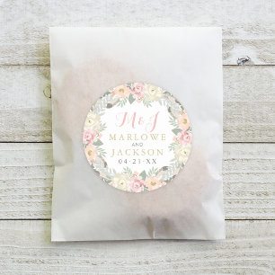 Roze Gouden Bloem Boho Monogram Huwelijk Ronde Sticker