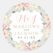 Roze Gouden Bloem Boho Monogram Huwelijk Ronde Sticker (Voorkant)