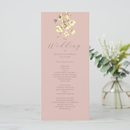Roze Gouden Bloem Bruiloftsprogramma Programmakaart (Staand voorkant)