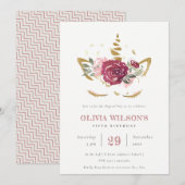 Roze Gouden Bloem Eenhoorn Verjaardagsuitnodiging  Bedankkaart (Voorkant / Achterkant)