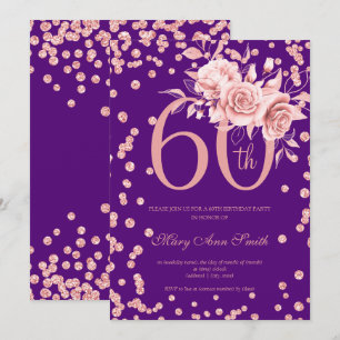 Roze Gouden Bloem en Confetti 60ste Verjaardag Paa Kaart