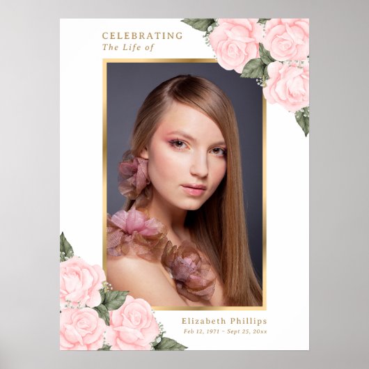 Roze Gouden Bloem Foto Herdenking Rouw Teken Poster (Voorkant)