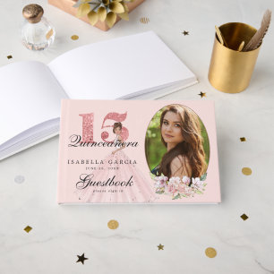 Roze Gouden Bloem & Foto Quinceañera Persoonlijk Gastenboek