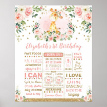 Roze Gouden Bloem Giraffe 1e Verjaardag Mijlpaal