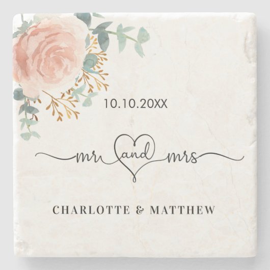 Roze gouden bloem groen bruiloft stenen onderzetter (Voorkant)