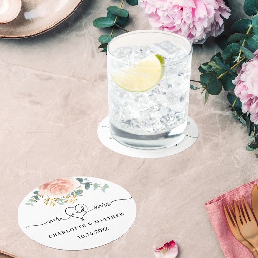 Roze gouden bloem groen mr mrs bruiloft ronde kartonnen onderzetter