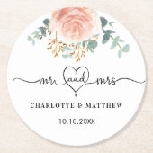 Roze gouden bloem groen mr mrs bruiloft ronde kartonnen onderzetter (Voorkant)