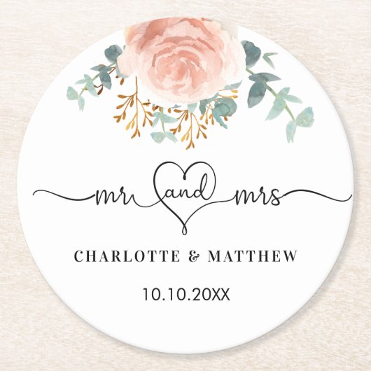 Roze gouden bloem groen mr mrs bruiloft ronde kartonnen onderzetter (Voorkant)