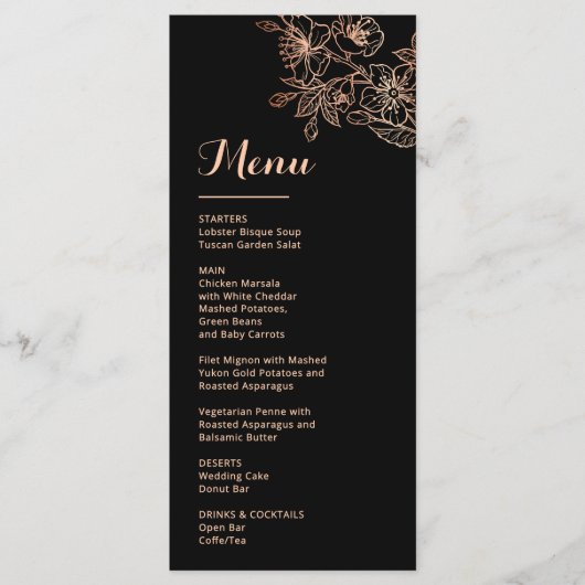 Roze Gouden Bloem Lijn Kunst Zwarte Bruiloft Menu (Voorkant)