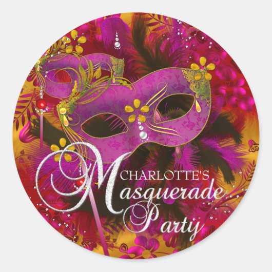 Roze & Gouden Bloem Masquerade Feest Sticker (Voorkant)