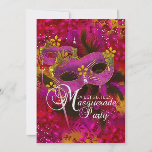 Roze Gouden Bloem Masquerade Sweet 16 Uitnodiging (Voorkant)