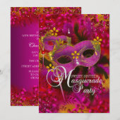 Roze Gouden Bloem Masquerade Sweet 16 Uitnodiging (Voorkant / Achterkant)