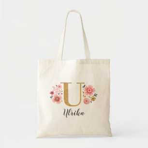 Roze gouden bloem monogram letter "U" Tote Bag