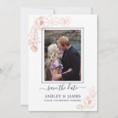 Roze Gouden Bloem Motief Marineblauwe Foto Trouwka Kaart (Voorkant)