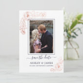 Roze Gouden Bloem Motief Marineblauwe Foto Trouwka Kaart (Staand voorkant)