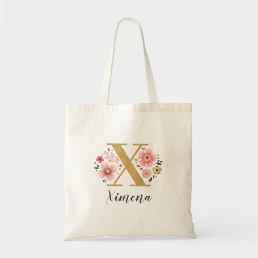 Roze Gouden Bloem Motief Monogram Letter "X" Tote Bag (Voorkant)