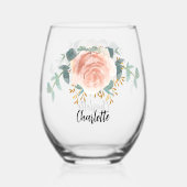 Roze gouden bloem naam script wijnglas zonder voet (Voorkant)