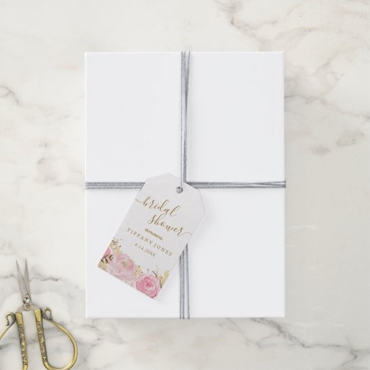 Roze Gouden Bloem Roos Waterverf Bruidsdouche Cadeaulabel (Met Touw)