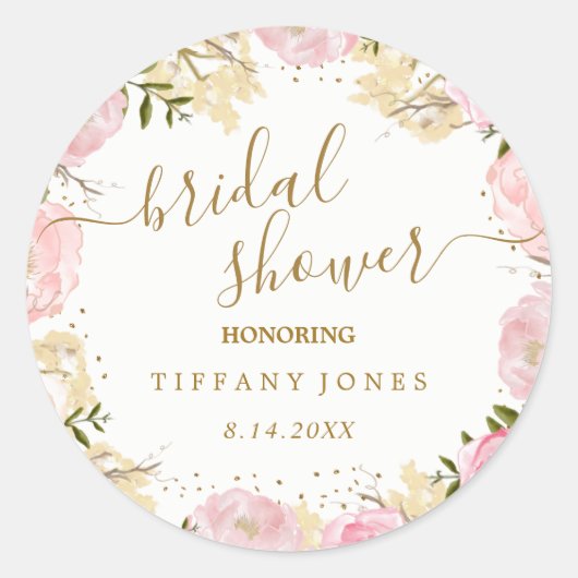 Roze Gouden Bloem Roos Waterverf Bruidsdouche Ronde Sticker (Voorkant)