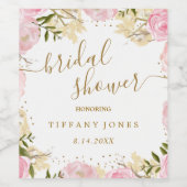 Roze Gouden Bloem Roos Waterverf Bruiloft Feest Wijn Etiket (Enkel label)