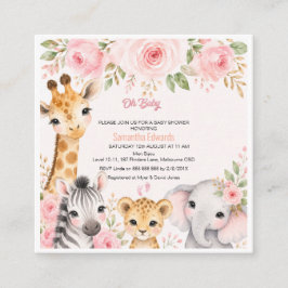 Roze Gouden Bloem Safari Dieren Baby Shower Uitnod Informatiekaartje