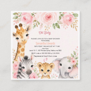 Roze Gouden Bloem Safari Dieren Baby Shower Uitnod Informatiekaartje