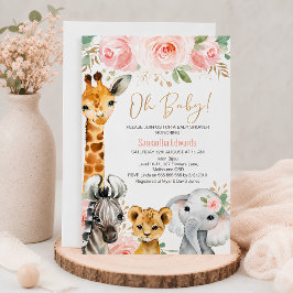 Roze Gouden Bloem Safari Dieren Baby Shower Uitnod Kaart