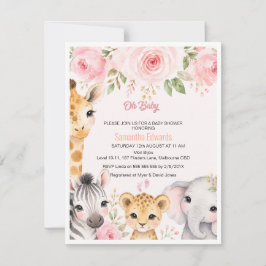 Roze Gouden Bloem Safari Dieren Baby Shower Uitnod RSVP Kaartje