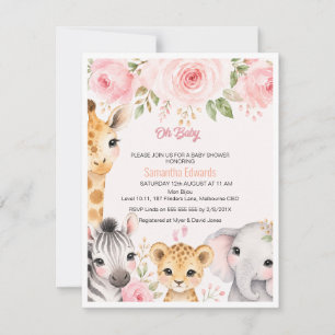 Roze Gouden Bloem Safari Dieren Baby Shower Uitnod RSVP Kaartje