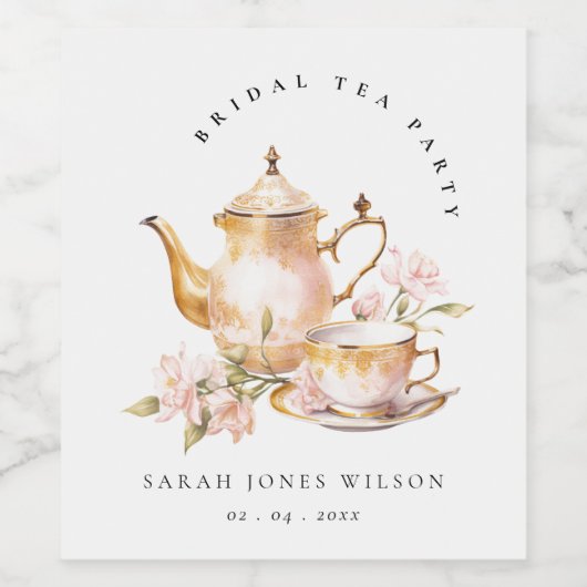 Roze Gouden Bloem Thee Set Bruiloft Thee Feest  Wijn Etiket (Enkel label)