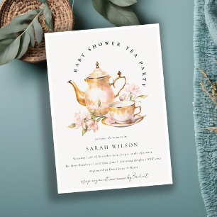Roze Gouden Bloem Theeset Baby Shower Thee Feestje Kaart