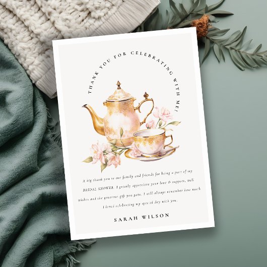 Roze Gouden Bloem Theeset Bruiloft Thee Feest Bedankkaart
