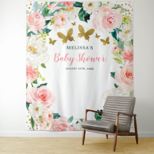 Roze Gouden Bloem Vlinder Baby Shower Achtergrond Wandkleed