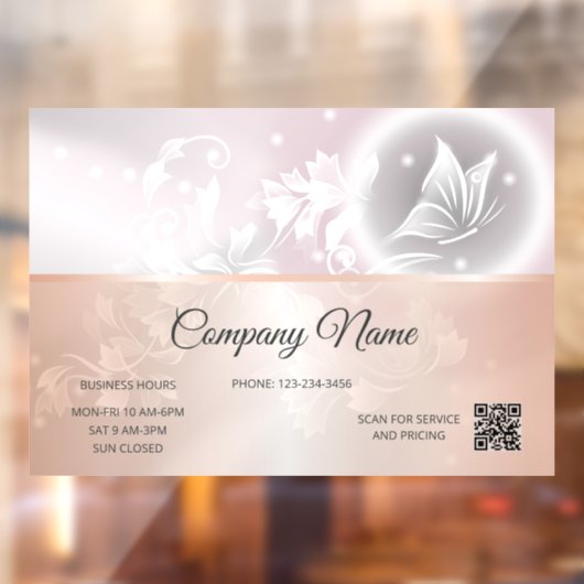 Roze Gouden Bloem Vlinder | Openingsuren QR Code Raamsticker (Vel 2)
