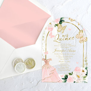 Roze Gouden Bloem Vlinder Quinceañera  Acryl Uitnodigingen