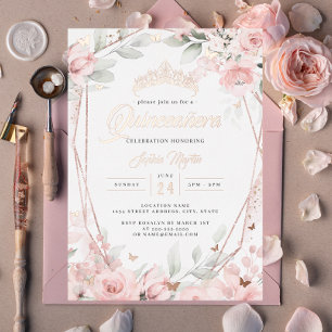 Roze Gouden Bloem Vlinder Roze Quinceanera  Folie Uitnodiging