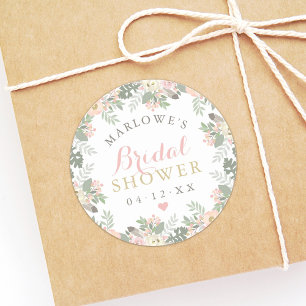 Roze Gouden Bloemachtig Bruiloft Bruidsfeest Monog Ronde Sticker