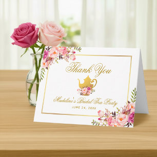 Roze Gouden Bloemachtige Bruiloft Theepartij Dankb Bedankkaart