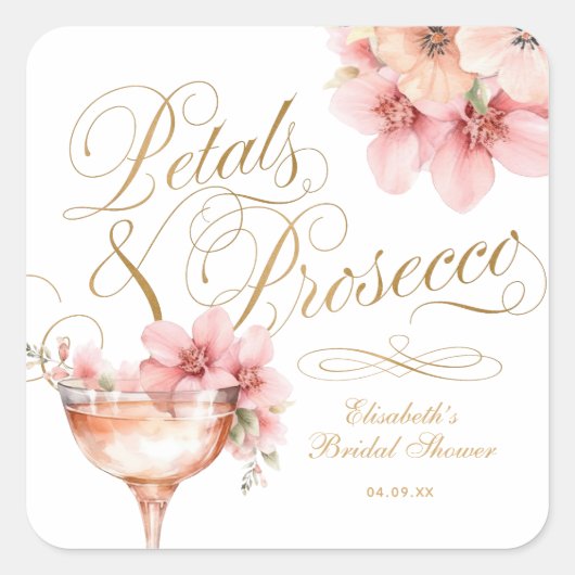 Roze Gouden Bloemblaadjes en Prosecco Bruidsfeest Vierkante Sticker (Voorkant)
