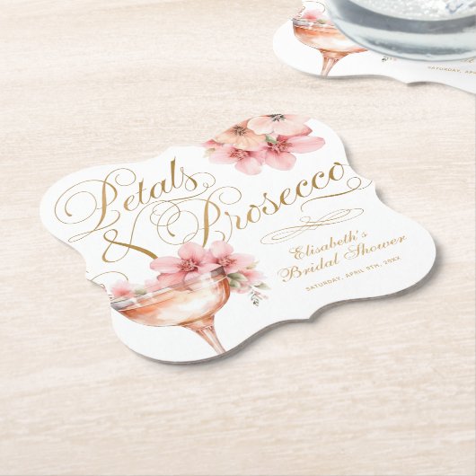 Roze Gouden Bloemblaadjes en Prosecco Bruidsontbij Kartonnen Onderzetters (Gekanteld)