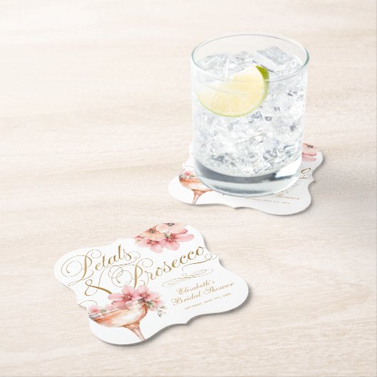 Roze Gouden Bloemblaadjes en Prosecco Bruidsontbij Kartonnen Onderzetters (Insitu)