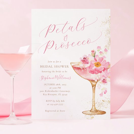 Roze gouden bloemblaadjes en Prosecco Floral Vrijg Kaart