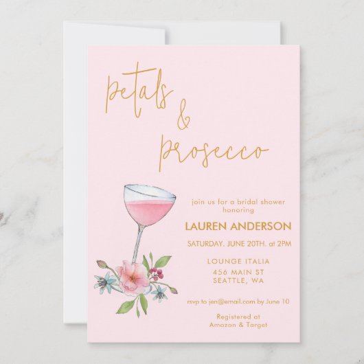 Roze & gouden bloemblaadjes en Prosecco Vrijgezell Kaart (Voorkant)