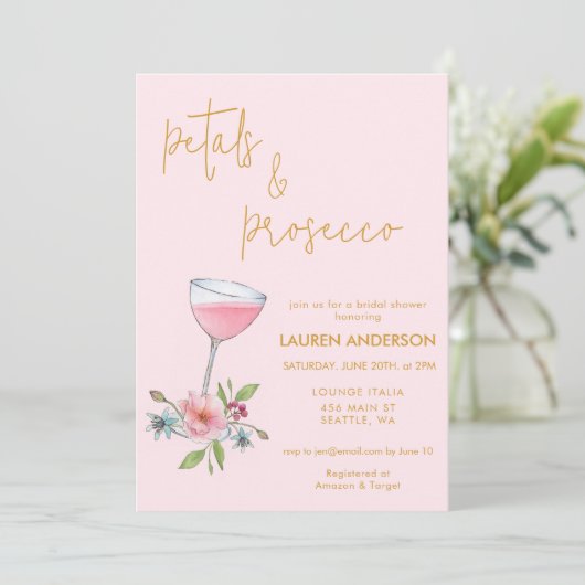 Roze & gouden bloemblaadjes en Prosecco Vrijgezell Kaart (Staand voorkant)