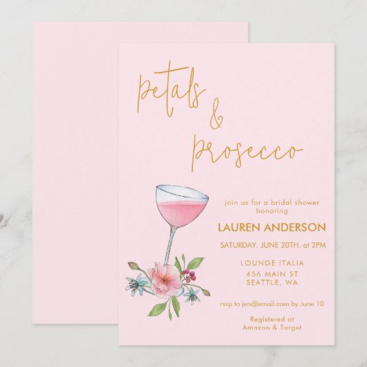 Roze & gouden bloemblaadjes en Prosecco Vrijgezell Kaart (Voorkant / Achterkant)