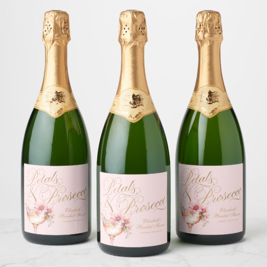 Roze gouden bloemblaadjes en Prosecco Vrijgezellen Sparkling Wijnetiket (Flessen)